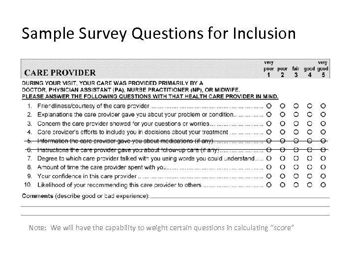 Sample Survey Questions for Inclusion Note: We will have the capability to weight certain