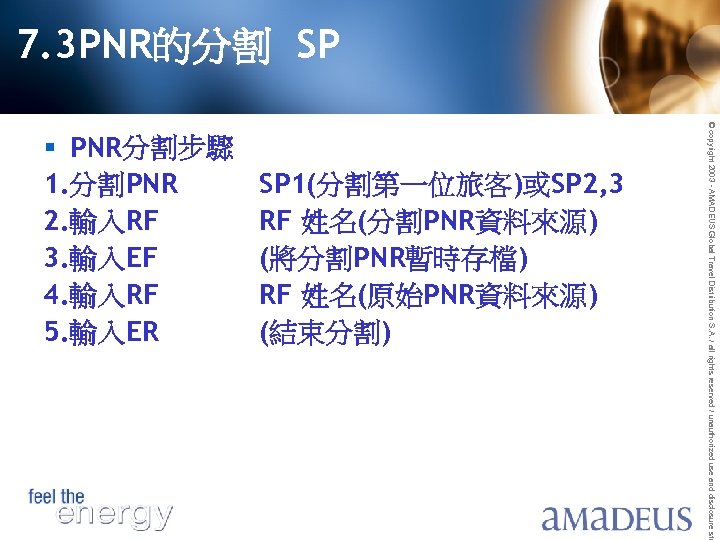 7. 3 PNR的分割 SP SP 1(分割第一位旅客)或SP 2, 3 RF 姓名(分割PNR資料來源) (將分割PNR暫時存檔) RF 姓名(原始PNR資料來源) (結束分割)