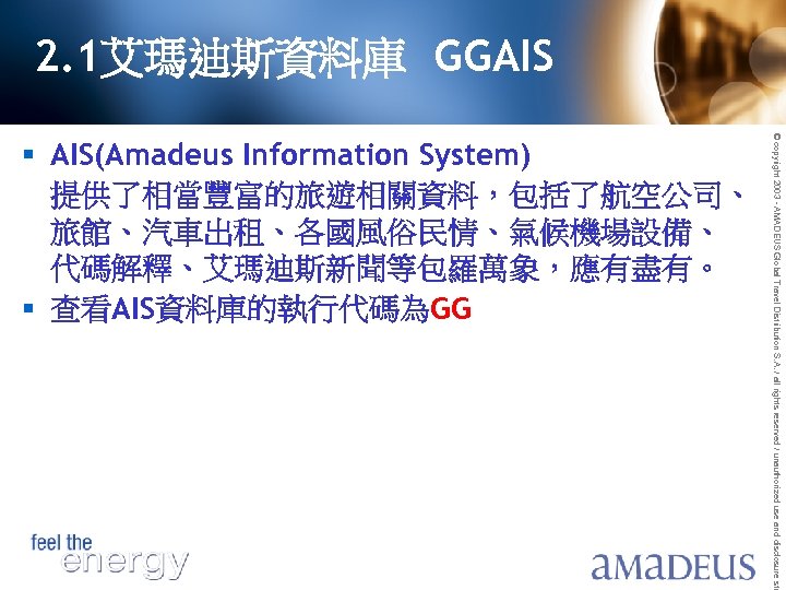 2. 1艾瑪迪斯資料庫 GGAIS © copyright 2003 - AMADEUS Global Travel Distribution S. A. /