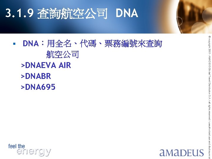 3. 1. 9 查詢航空公司 DNA 航空公司 >DNAEVA AIR >DNABR >DNA 695 © copyright 2003