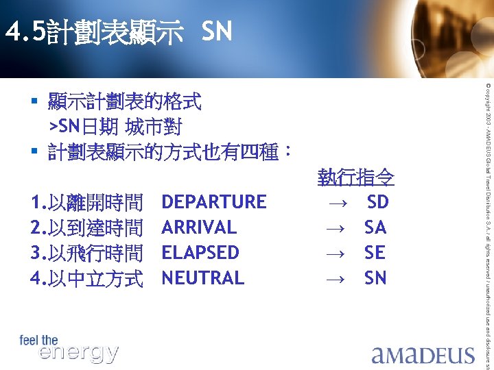 4. 5計劃表顯示 SN © copyright 2003 - AMADEUS Global Travel Distribution S. A. /