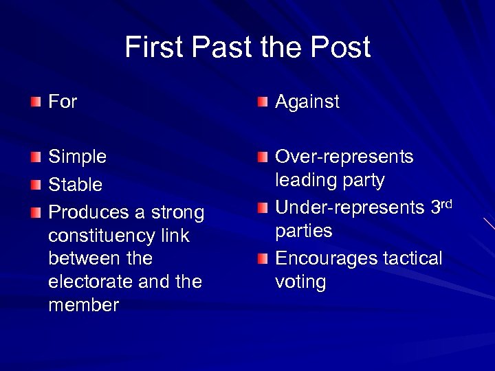 First Past the Post For Against Simple Stable Produces a strong constituency link between