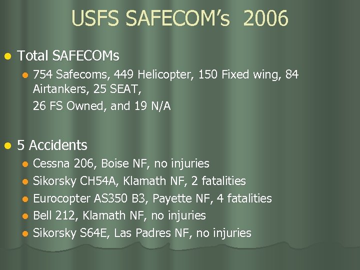 USFS SAFECOM’s 2006 l Total SAFECOMs l l 754 Safecoms, 449 Helicopter, 150 Fixed