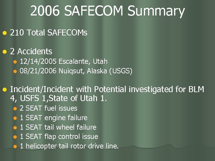 2006 SAFECOM Summary l 210 Total SAFECOMs l 2 Accidents 12/14/2005 Escalante, Utah l