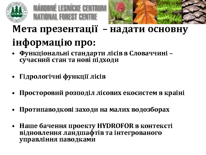 Мета презентації – надати основну інформацію про: • Функціональні стандарти лісів в Словаччині –