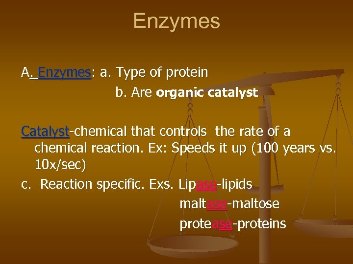Enzymes A. Enzymes: a. Type of protein b. Are organic catalyst Catalyst-chemical that controls