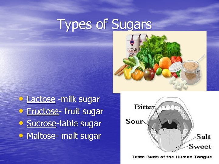Types of Sugars • Lactose -milk sugar • Fructose- fruit sugar • Sucrose-table sugar
