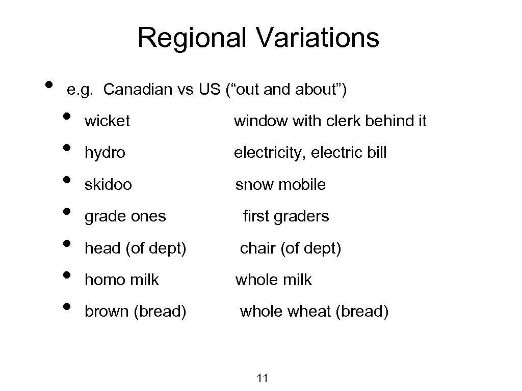 Regional Variations • e. g. Canadian vs US (“out and about”) • • wicket