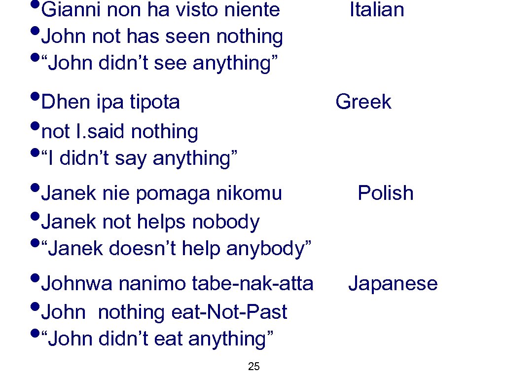  • Gianni non ha visto niente • John not has seen nothing •