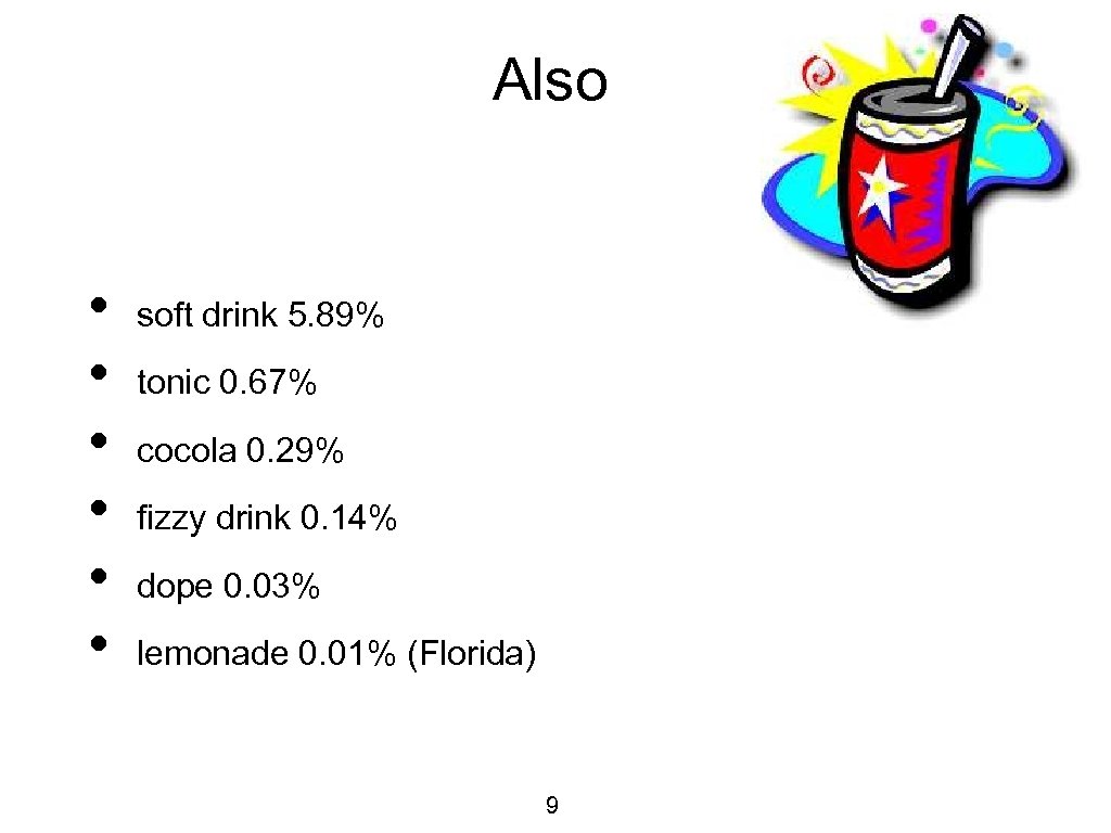 Also • • • soft drink 5. 89% tonic 0. 67% cocola 0. 29%