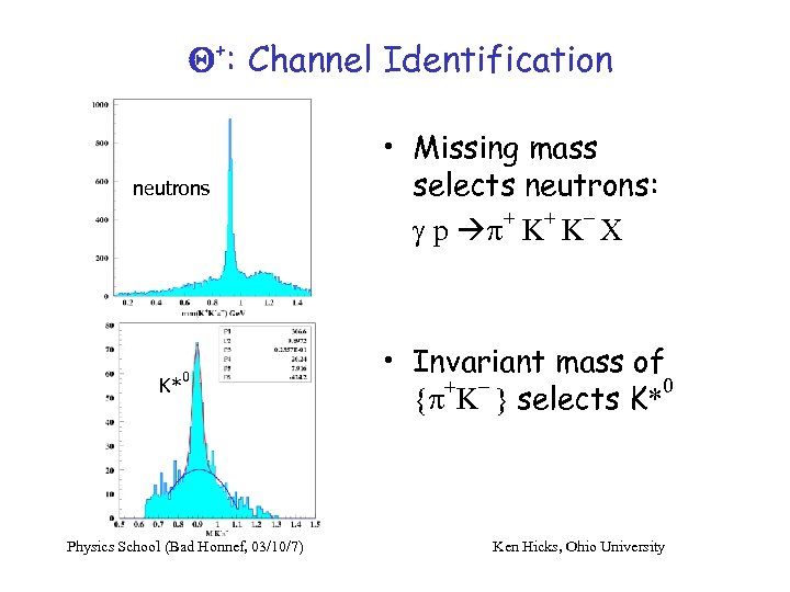 Q+: Channel Identification neutrons K* 0 Physics School (Bad Honnef, 03/10/7) • Missing mass