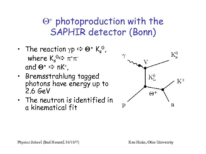 Q+ photoproduction with the SAPHIR detector (Bonn) • The reaction gp a Q+ Ks