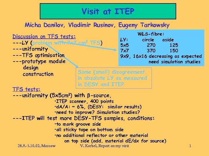 Visit at ITEP Micha Danilov, Vladimir Rusinov, Eugeny Tarkowsky WLS-fibre: Discussion on TFS tests: