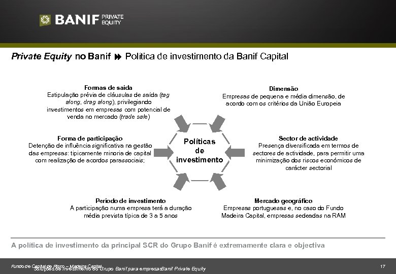 Private Equity no Banif Política de investimento da Banif Capital Formas de saída Estipulação