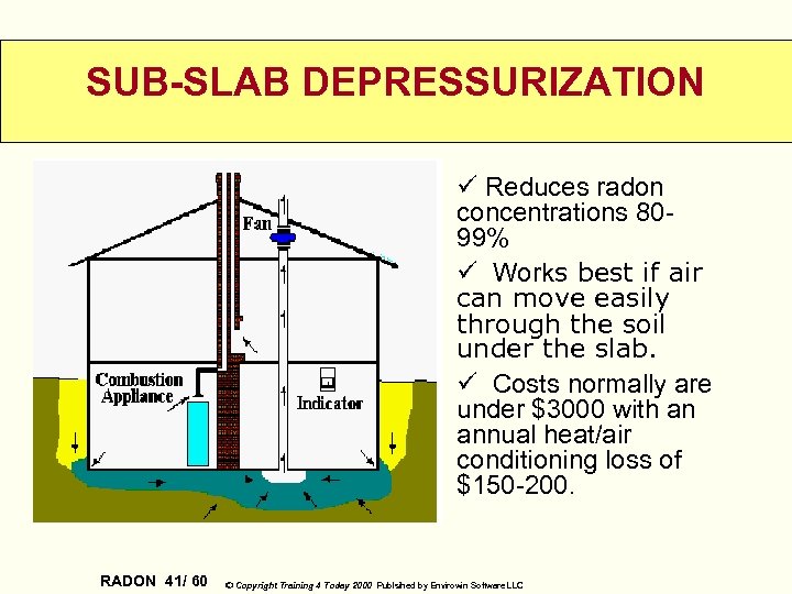 SUB-SLAB DEPRESSURIZATION ü Reduces radon concentrations 8099% ü Works best if air can move