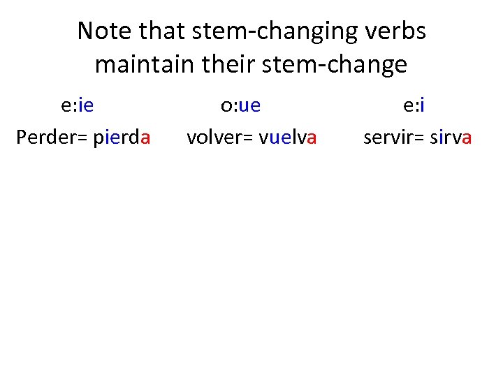 Note that stem-changing verbs maintain their stem-change e: ie o: ue e: i Perder=