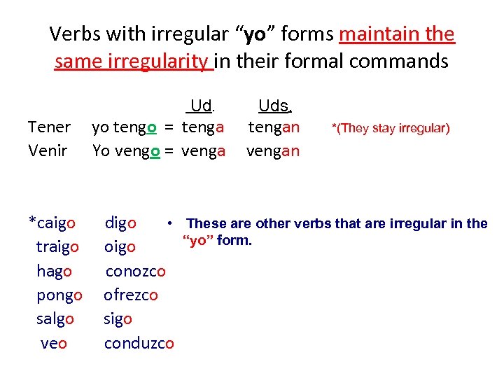 Verbs with irregular “yo” forms maintain the same irregularity in their formal commands Ud.