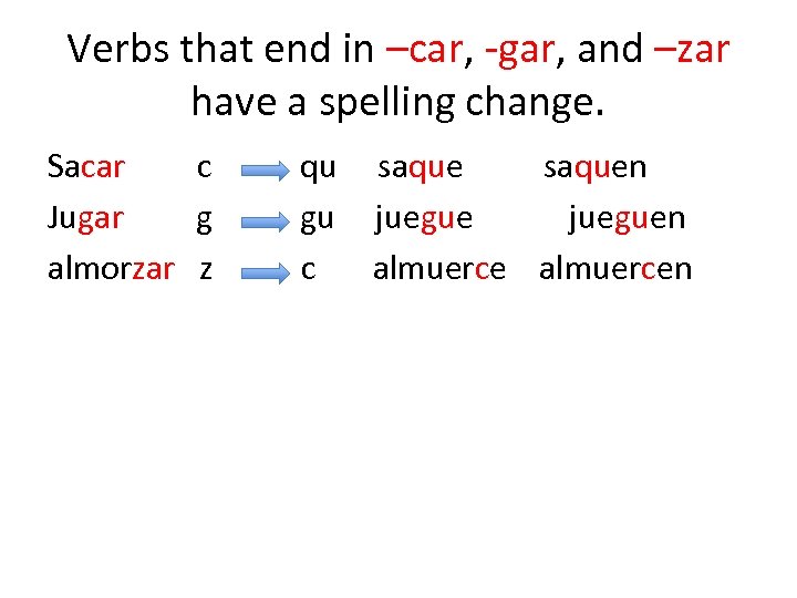 Verbs that end in –car, -gar, and –zar have a spelling change. Sacar c