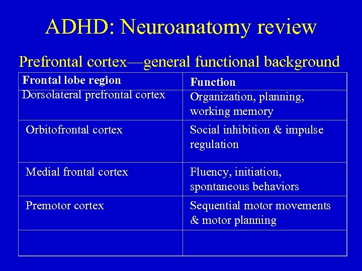 ADHD: Neuroanatomy review Prefrontal cortex—general functional background Frontal lobe region Dorsolateral prefrontal cortex Function