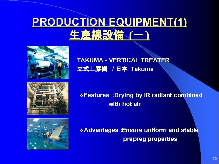 PRODUCTION EQUIPMENT(1) 生產線設備 (一 ) TAKUMA - VERTICAL TREATER 立式上膠機 / 日本 Takuma ：