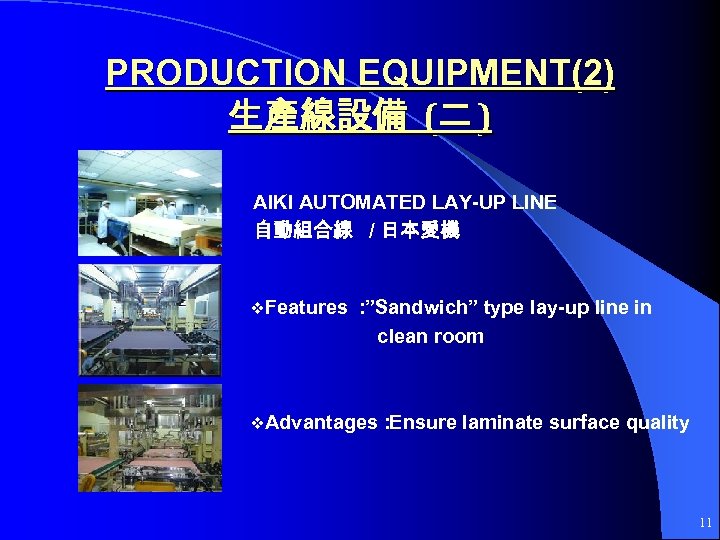PRODUCTION EQUIPMENT(2) 生產線設備 (二 ) AIKI AUTOMATED LAY-UP LINE 自動組合線 / 日本愛機 v. Features