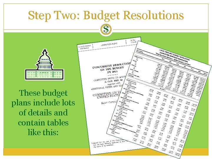 Step Two: Budget Resolutions $ These budget plans include lots of details and contain