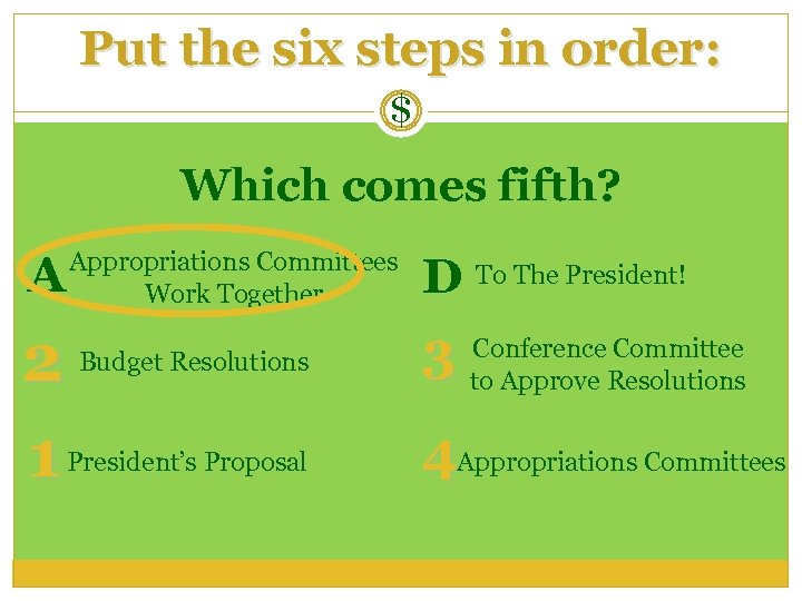 Put the six steps in order: $ Which comes fifth? A 2 1 Appropriations