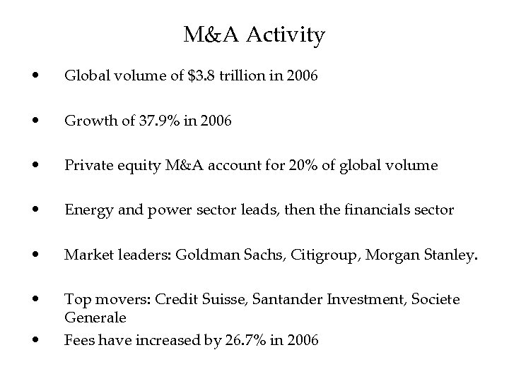 M&A Activity • Global volume of $3. 8 trillion in 2006 • Growth of