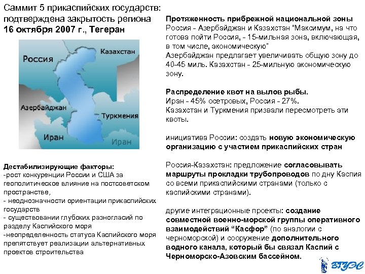 Саммит 5 прикаспийских государств: Протяженность прибрежной национальной зоны подтверждена закрытость региона Россия - Азербайджан