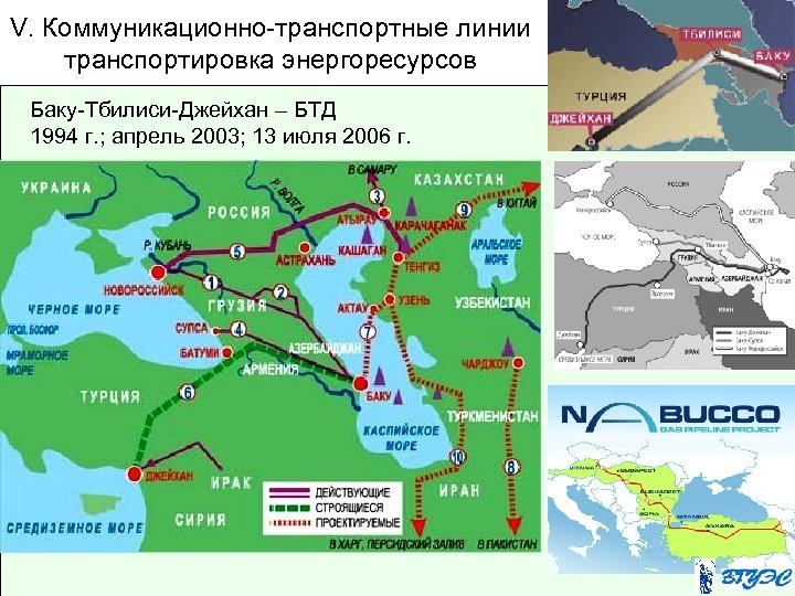 V. Коммуникационно-транспортные линии транспортировка энергоресурсов Баку-Тбилиси-Джейхан – БТД 1994 г. ; апрель 2003; 13