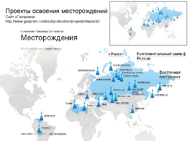 Проекты освоения месторождений Сайт «Газпрома» http: //www. gazprom. ru/about/production/projects/deposits/ 