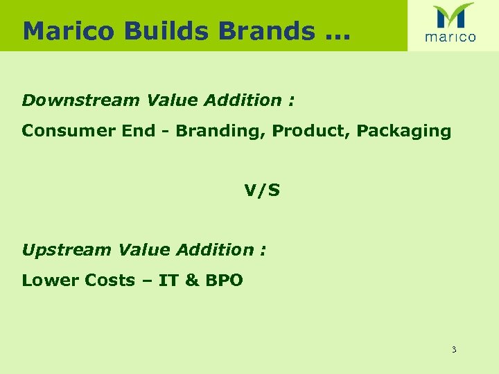 Marico Builds Brands. . . Downstream Value Addition : Consumer End - Branding, Product,