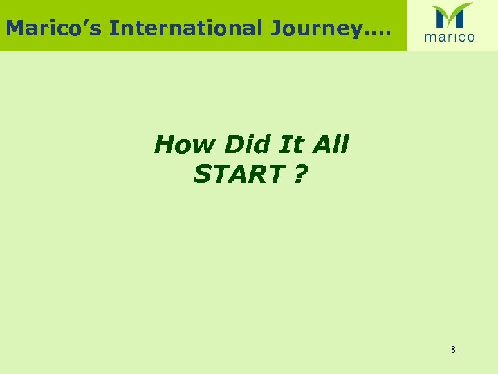 Marico’s International Journey…. How Did It All START ? 8 