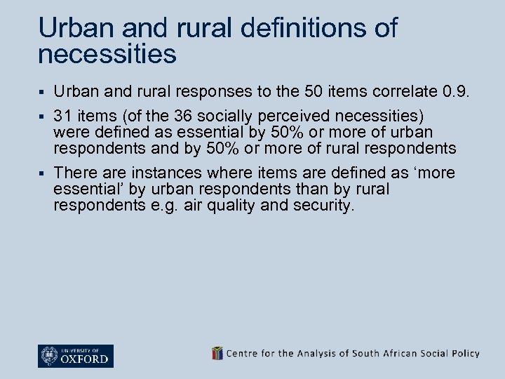 Urban and rural definitions of necessities Urban and rural responses to the 50 items