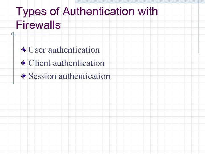 Types of Authentication with Firewalls User authentication Client authentication Session authentication 