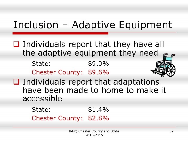 Inclusion – Adaptive Equipment q Individuals report that they have all the adaptive equipment