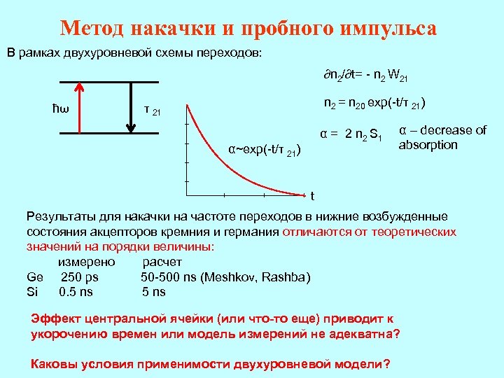 Метод накачки и пробного импульса В рамках двухуровневой схемы переходов: ∂n 2/∂t= - n