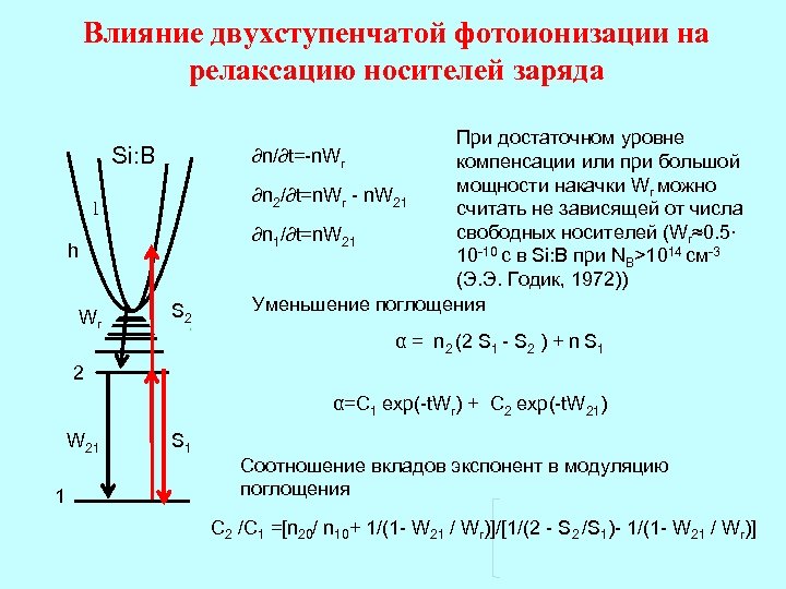 Влияние двухступенчатой фотоионизации на релаксацию носителей заряда Si: B l h Wr S 2