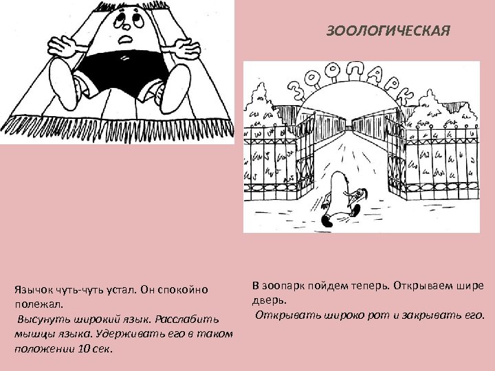 ЗООЛОГИЧЕСКАЯ Язычок чуть-чуть устал. Он спокойно полежал. Высунуть широкий язык. Расслабить мышцы языка. Удерживать