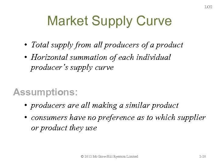 LO 2 Market Supply Curve • Total supply from all producers of a product