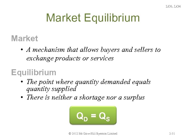 LO 3. LO 4 Market Equilibrium Market • A mechanism that allows buyers and