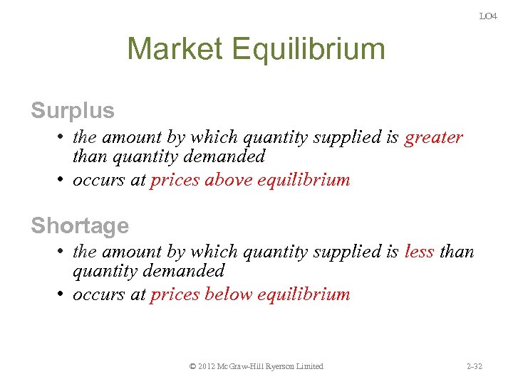 LO 4 Market Equilibrium Surplus • the amount by which quantity supplied is greater