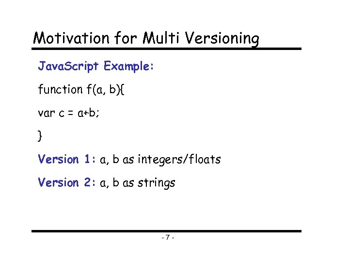 Motivation for Multi Versioning Java. Script Example: function f(a, b){ var c = a+b;