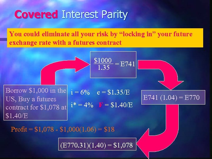 Covered Interest Parity You could eliminate all your risk by “locking in” your future
