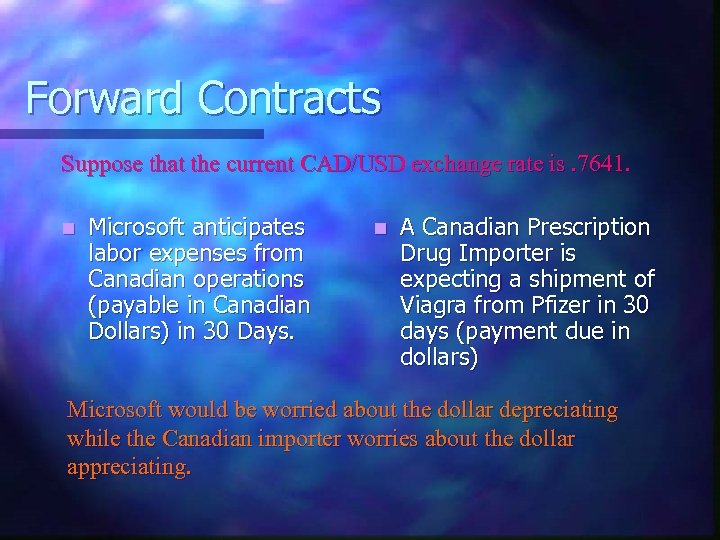 Forward Contracts Suppose that the current CAD/USD exchange rate is. 7641. n Microsoft anticipates