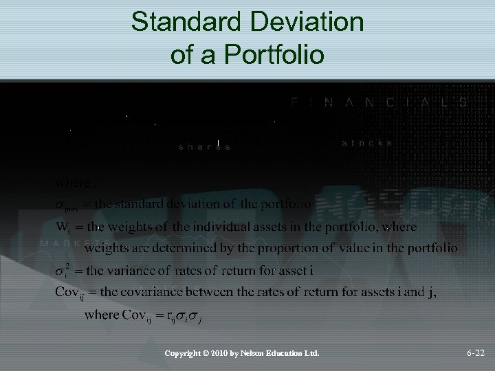 Standard Deviation of a Portfolio Copyright © 2010 by Nelson Education Ltd. 6 -22