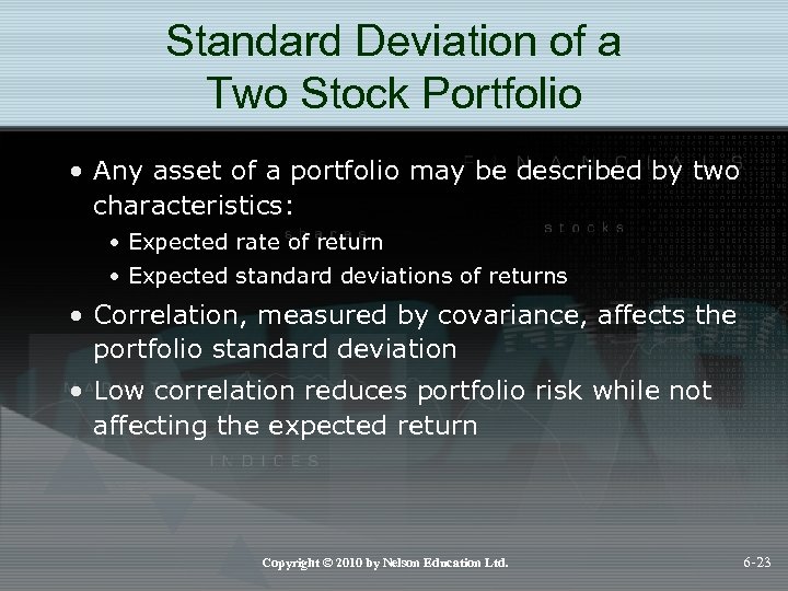Standard Deviation of a Two Stock Portfolio • Any asset of a portfolio may