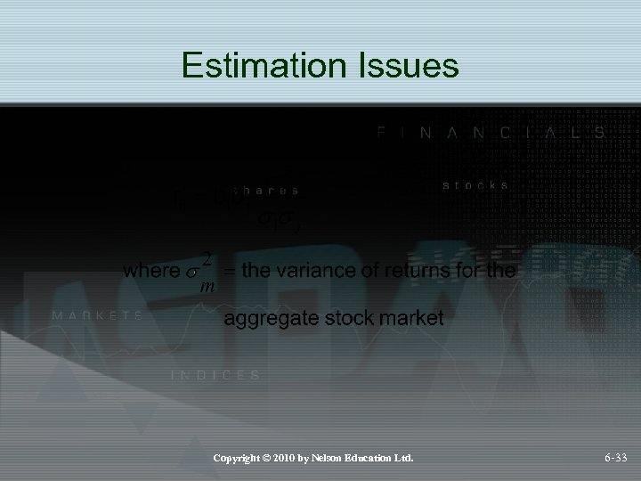Estimation Issues Copyright © 2010 by Nelson Education Ltd. 6 -33 