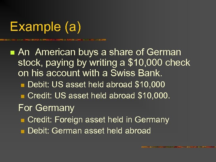Example (a) n An American buys a share of German stock, paying by writing