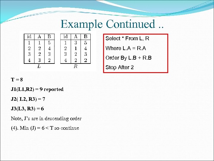 Example Continued. . Select * From L, R Where L. A = R. A